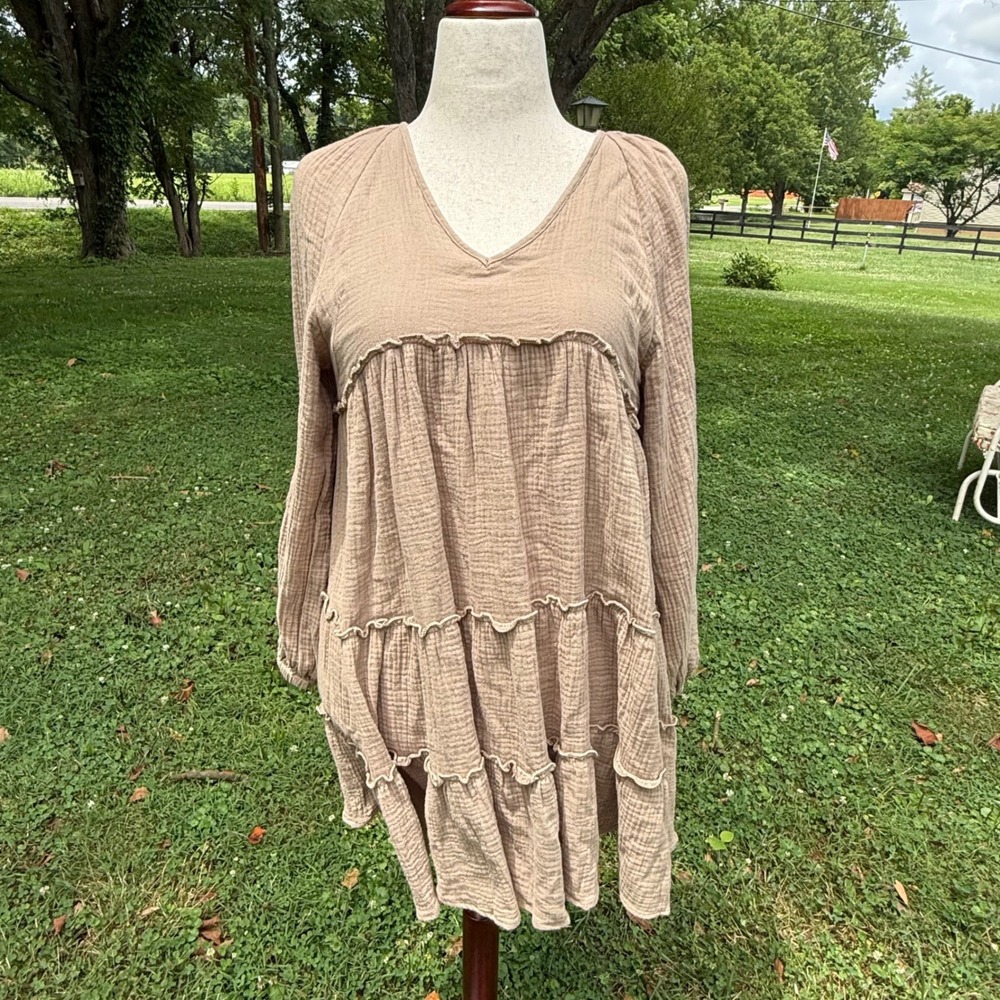 In Loom Taupe Gauze Tiered Babydoll Mini Dress V-Neck Long Sleeve NWT M Boho